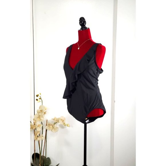 NWT Kona Sol Women's Black Asymmetrical Ruffle 1 Piece Swimsuit Size XL 1094 - Picture 2 of 11